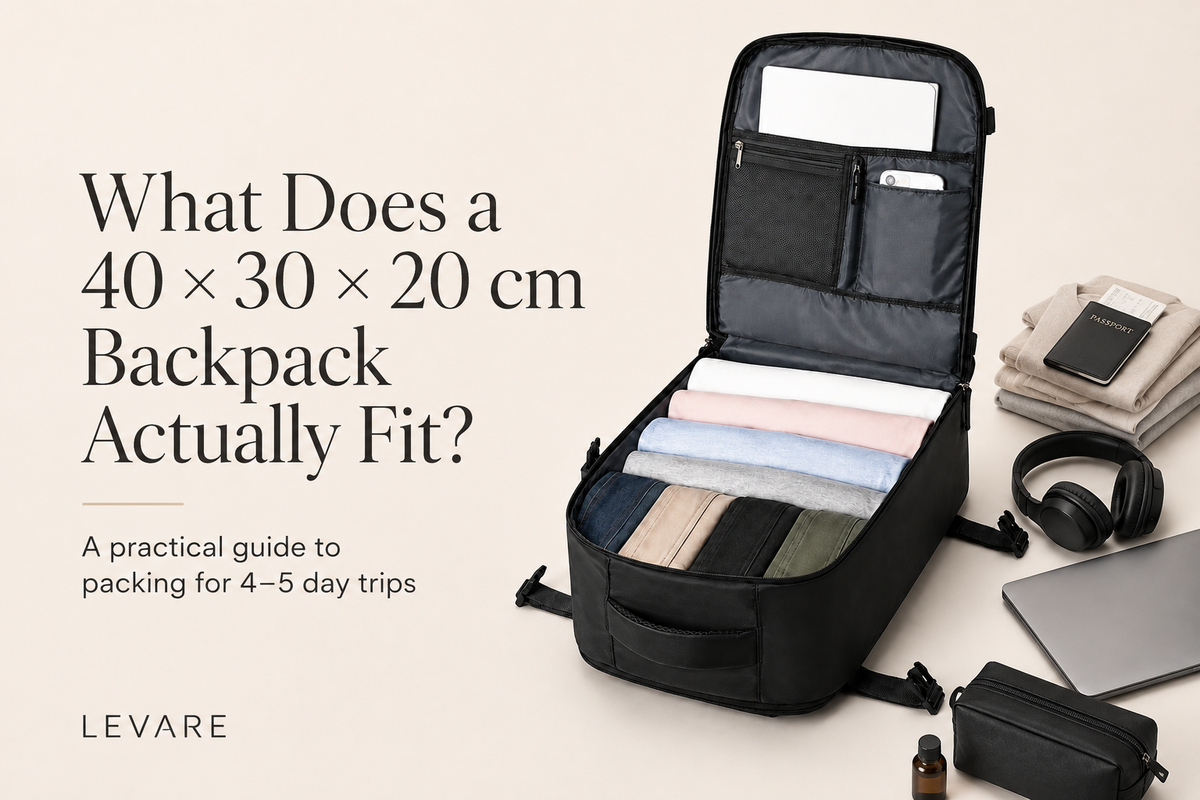 LEVARE 40 x 30 x 20 cm travel backpack packed with clothing and travel essentials