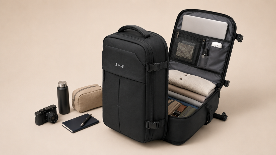 LEVARE black travel backpack packed for a five-day trip with clothing, laptop, toiletries and travel essentials