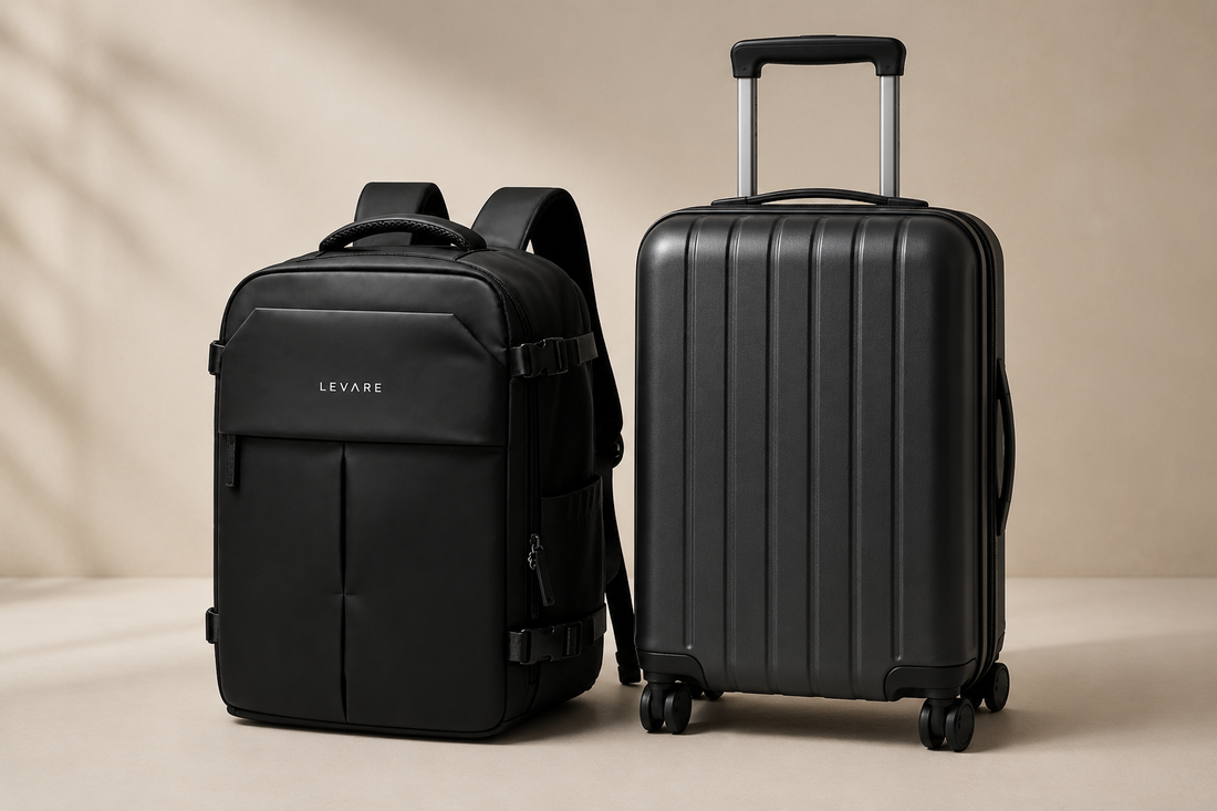 LEVARE black travel backpack beside a black cabin suitcase