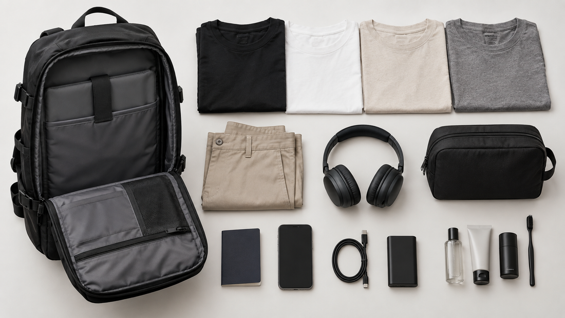 LEVARE black travel backpack open beside neatly packed clothing, headphones, passport, charger and toiletry bag, illustrating a 4-5 day packing breakdown