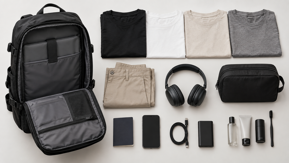 LEVARE black travel backpack open beside neatly packed clothing, headphones, passport, charger and toiletry bag, illustrating a 4-5 day packing breakdown