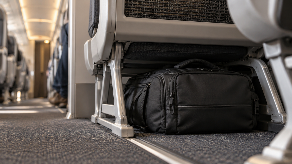 Black LEVARE travel backpack stowed under an airplane seat, illustrating Ryanair's 40 x 30 x 20cm free cabin bag size