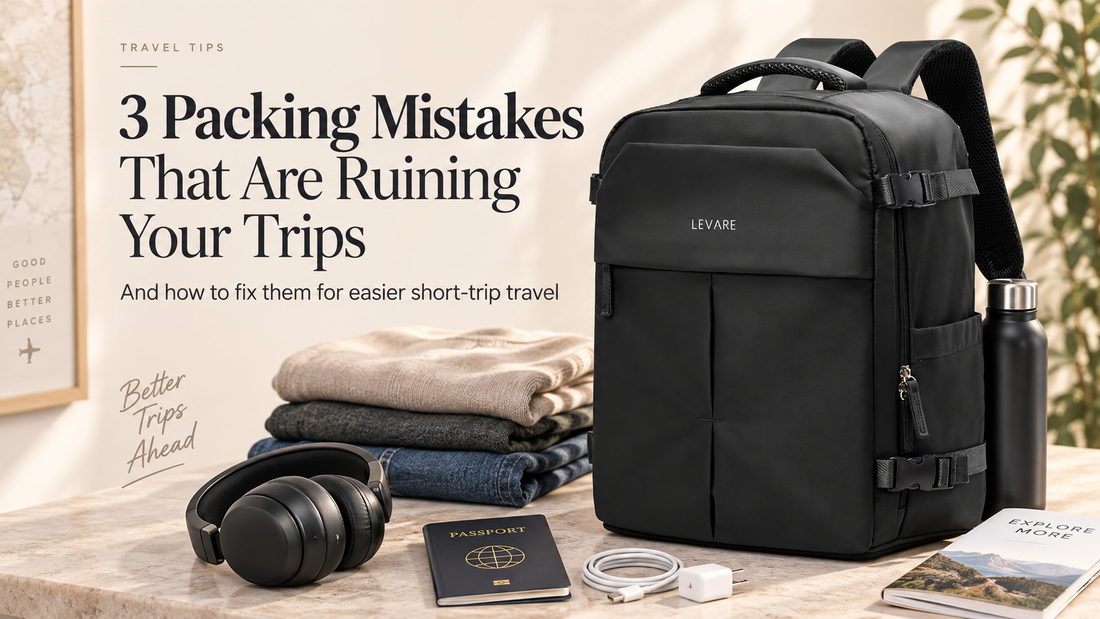 LEVARE black travel backpack beside folded clothes, headphones, passport, charger and water bottle with the title “3 Packing Mistakes That Are Ruining Your Trips.