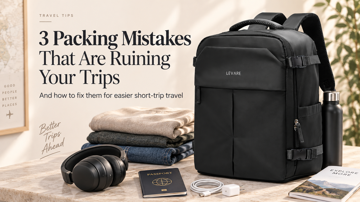LEVARE black travel backpack beside folded clothes, headphones, passport, charger and water bottle with the title “3 Packing Mistakes That Are Ruining Your Trips.
