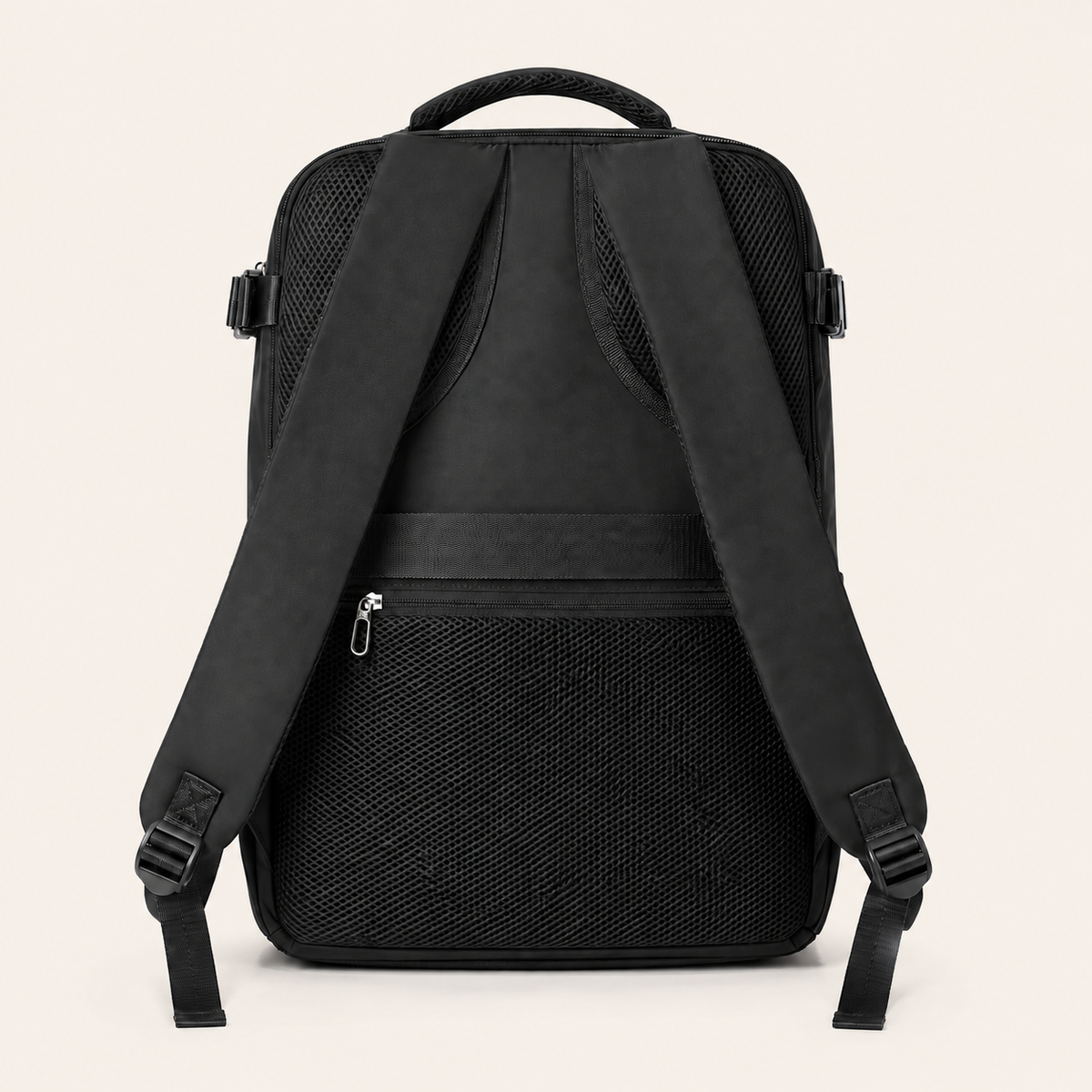 Black LEVARE travel backpack shown from the back, featuring a top handle, padded shoulder straps, a central mesh back panel, a lower zippered pocket, and side buckle details, photographed on a clean white background.