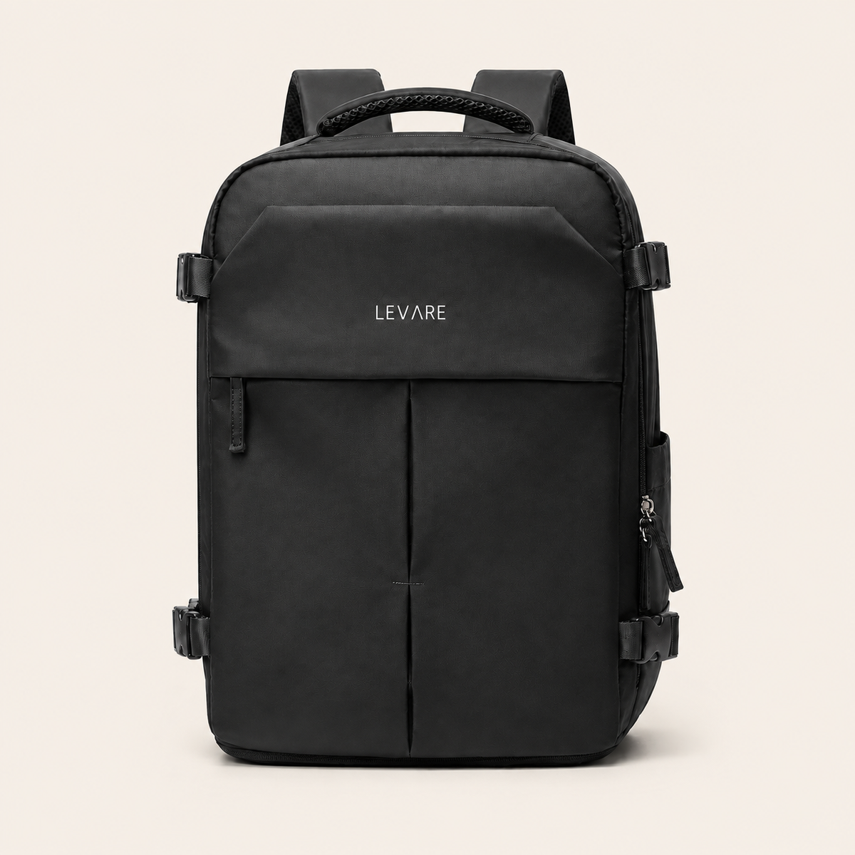 A black LEVARE travel backpack with multiple zippered compartments and a top handle, shown against a solid light beige background.