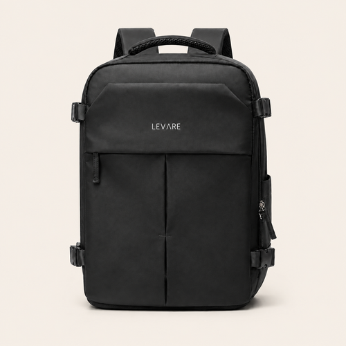 A black LEVARE travel backpack with multiple zippered compartments and a top handle, shown against a solid light beige background.