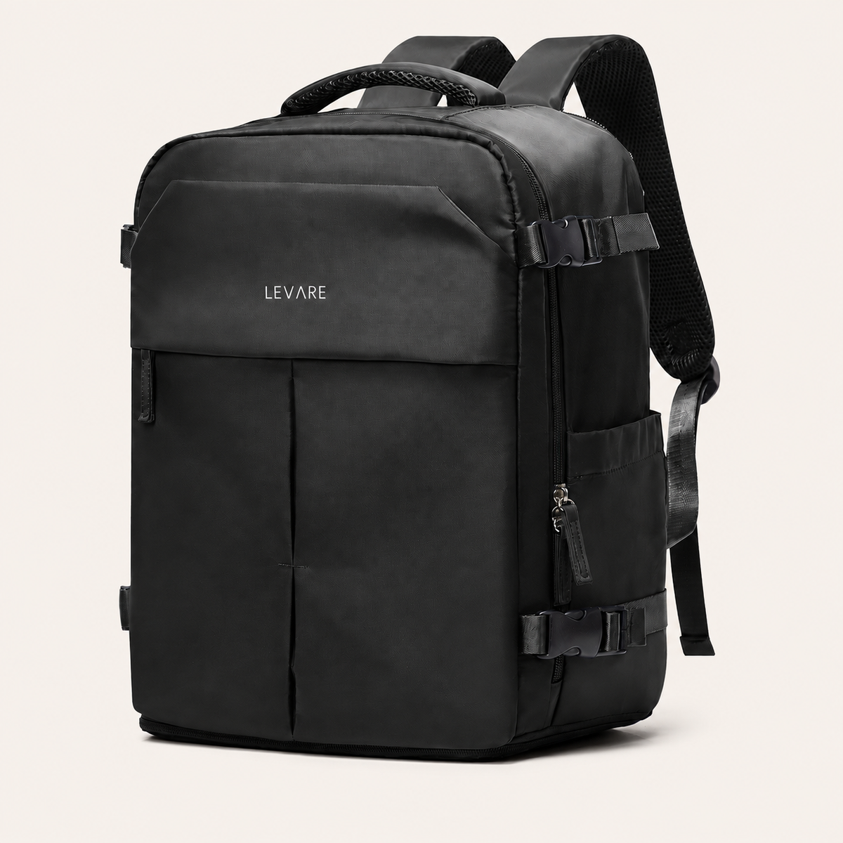 A black Levare travel backpack with multiple zippered compartments and adjustable shoulder straps, shown on a clean white background.