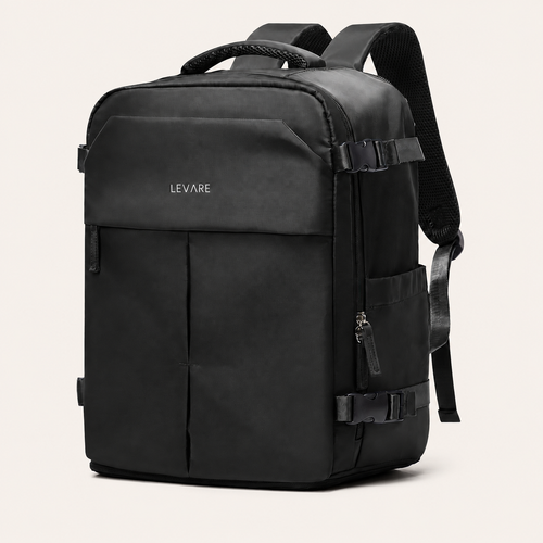 A black Levare travel backpack with multiple zippered compartments and adjustable shoulder straps, shown on a clean white background.